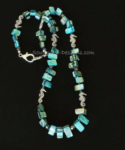 Turquoise Abalone Mask Lanyard with Fire Polished Glass and Silver Seahorse Charms