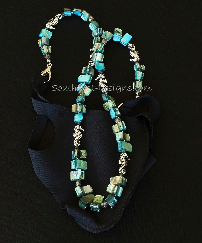 Turquoise Abalone Mask Lanyard with Fire Polished Glass and Silver Seahorse Charms