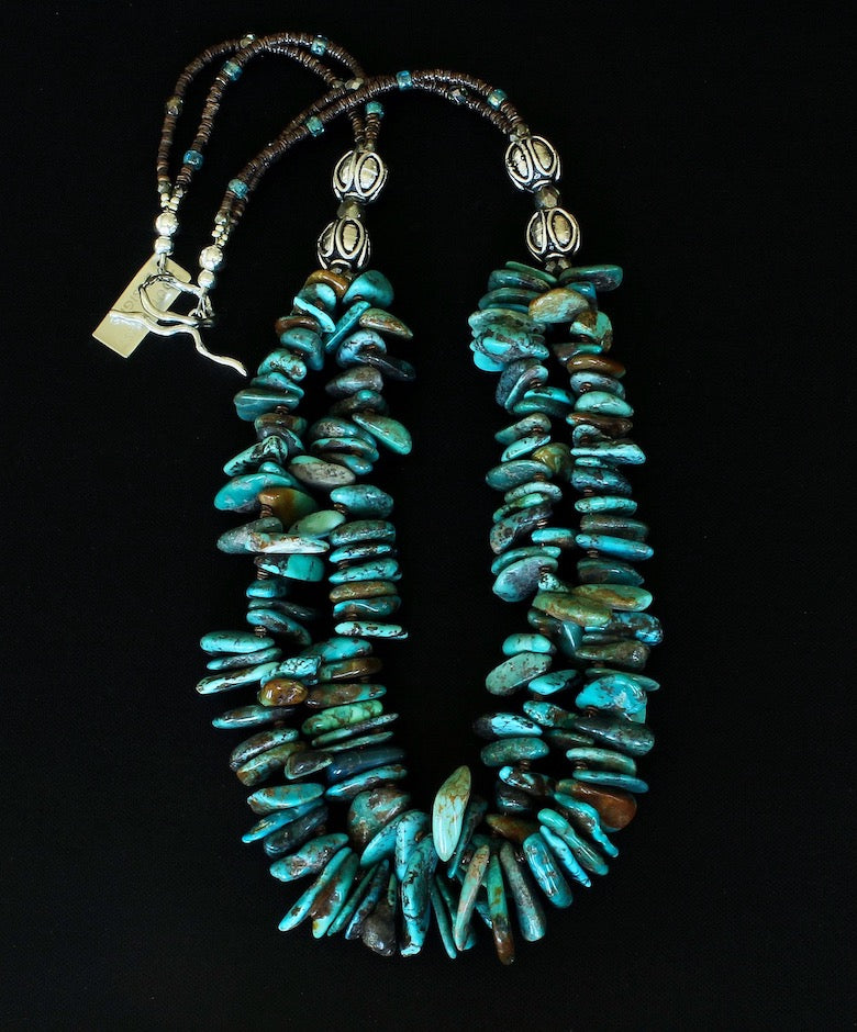 Turquoise Graduated Briolette 2-Strand Necklace with Shell Heishi, Fire Polished Glass and Sterling Silver