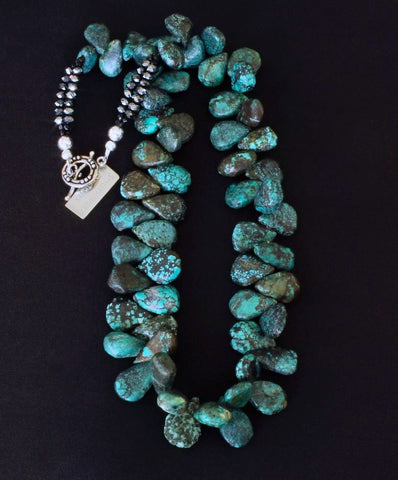 Turquoise Briolette Graduated Necklace with Bronze Faceted Glass and Sterling Silver