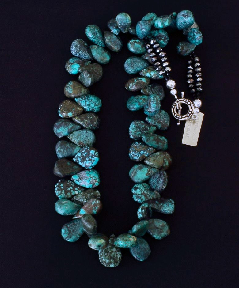 Turquoise Briolette Graduated Necklace with Bronze Faceted Glass and Sterling Silver