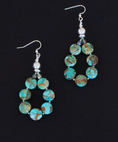 Turquoise Coin Bead Loop Earrings with Fire Polished Glass and Sterling Silver