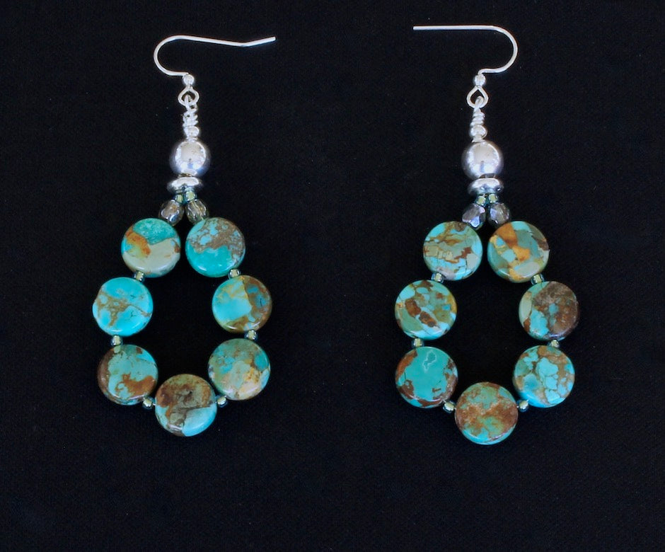 Turquoise Coin Bead Loop Earrings with Fire Polished Glass and Sterling Silver
