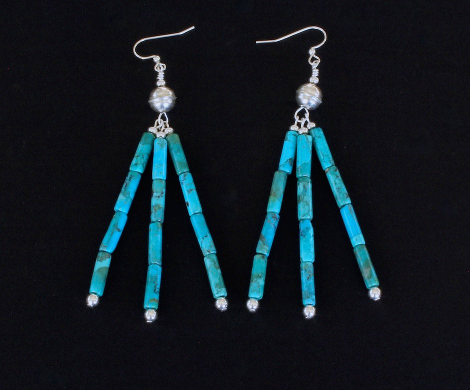 Turquoise Cylinder Bead Earrings with Handcrafted Sterling Silver Rounds