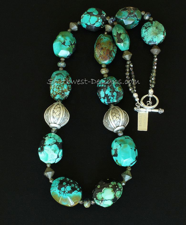 Turquoise Faceted Oval Necklace with Turkish Glass Bicones and Sterling Silver Woven Rounds & Toggle Clasp