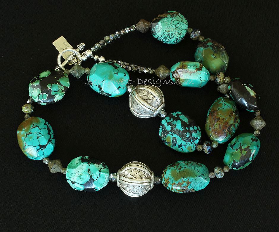 Turquoise Faceted Oval Necklace with Turkish Glass Bicones and Sterling Silver Woven Rounds & Toggle Clasp