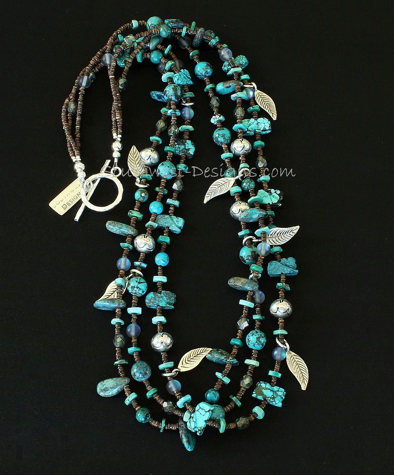 3-Strand Turquoise Talisman, Rounds and Briolette Necklace with Olive Shell & Turquoise Heishi, Blue Crystal Rounds, Fire Polished Glass, Sterling Silver Leaf Charms, and Jan Mariano Sterling Silver Rondelle Beads & Hammered Sterling Toggle Clasp