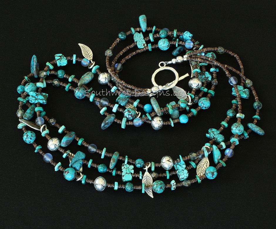 3-Strand Turquoise Talisman, Rounds and Briolette Necklace with Olive Shell & Turquoise Heishi, Blue Crystal Rounds, Fire Polished Glass, Sterling Silver Leaf Charms, and Jan Mariano Sterling Silver Rondelle Beads & Hammered Sterling Toggle Clasp