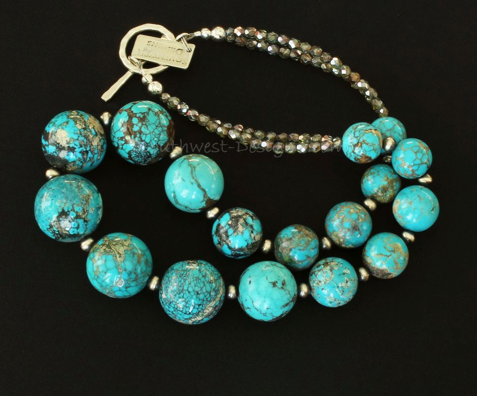 Turquoise Graduated Round Bead Necklace with Oxidized Sterling Silver