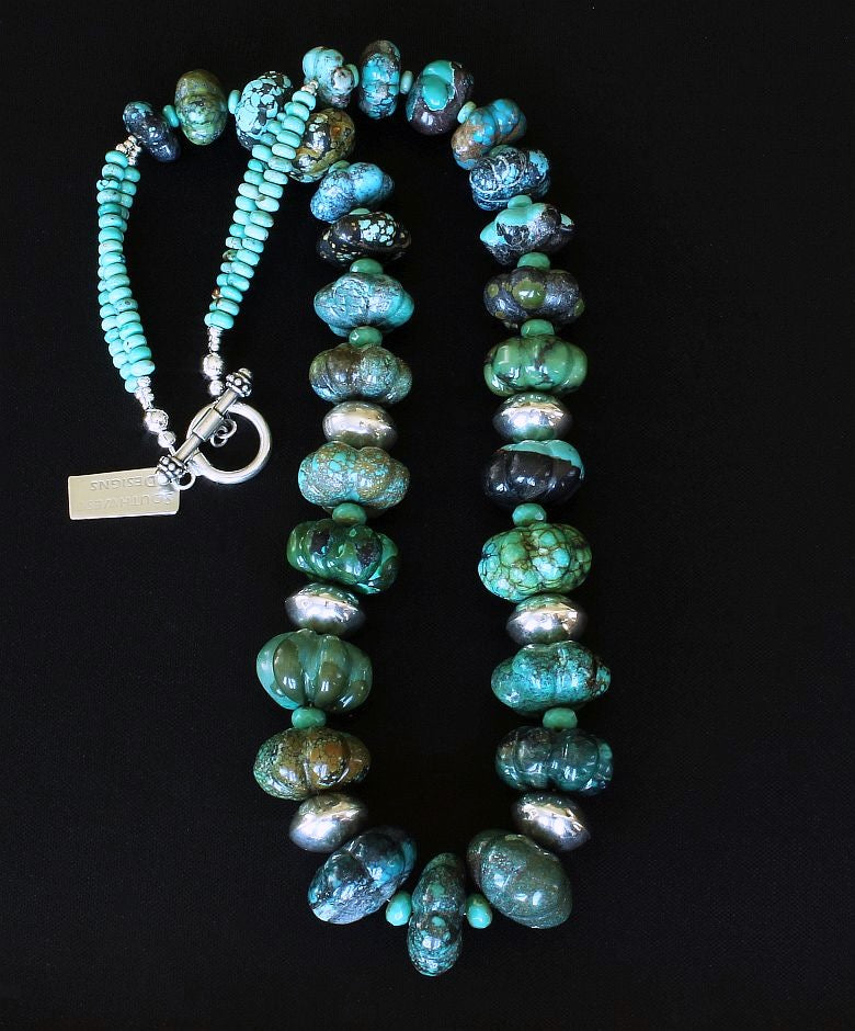 Turquoise Graduated Flower Bead Necklace with Turquoise Rondelles and Sterling Silver