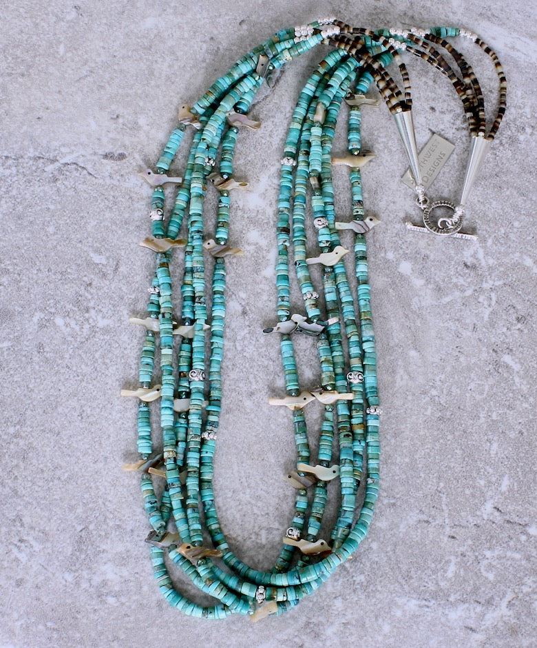 Turquoise Heishi 5-Strand Necklace with 31 Mother of Pearl Bird Amulets and Sterling Silver