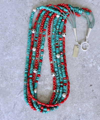 Turquoise Heishi and Bamboo Coral 5-Strand Necklace with Czech Glass and Sterling Silver