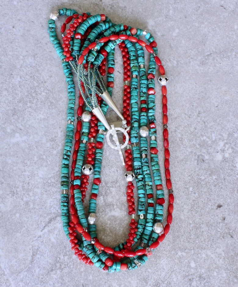 Turquoise Heishi and Bamboo Coral 5-Strand Necklace with Czech Glass and Sterling Silver