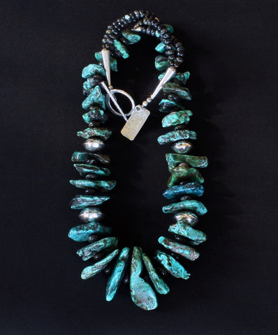 Turquoise Graduated Large Nugget Necklace with Sterling Silver Rondelle Beads
