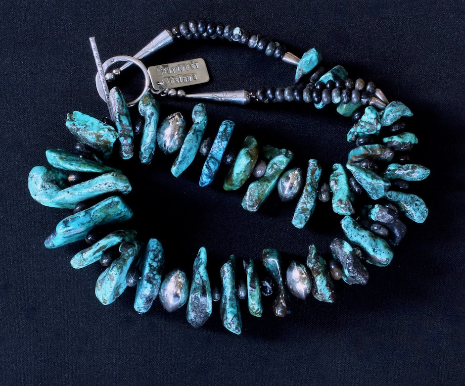 Turquoise Graduated Large Nugget Necklace with Sterling Silver Rondelle Beads