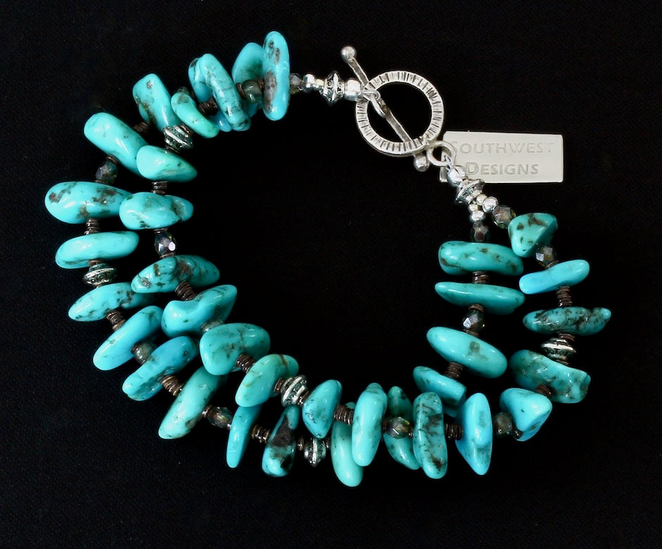 Turquoise Long Nugget 2-Strand Bracelet with Olive Shell Heishi, Czech Glass and Sterling Silver