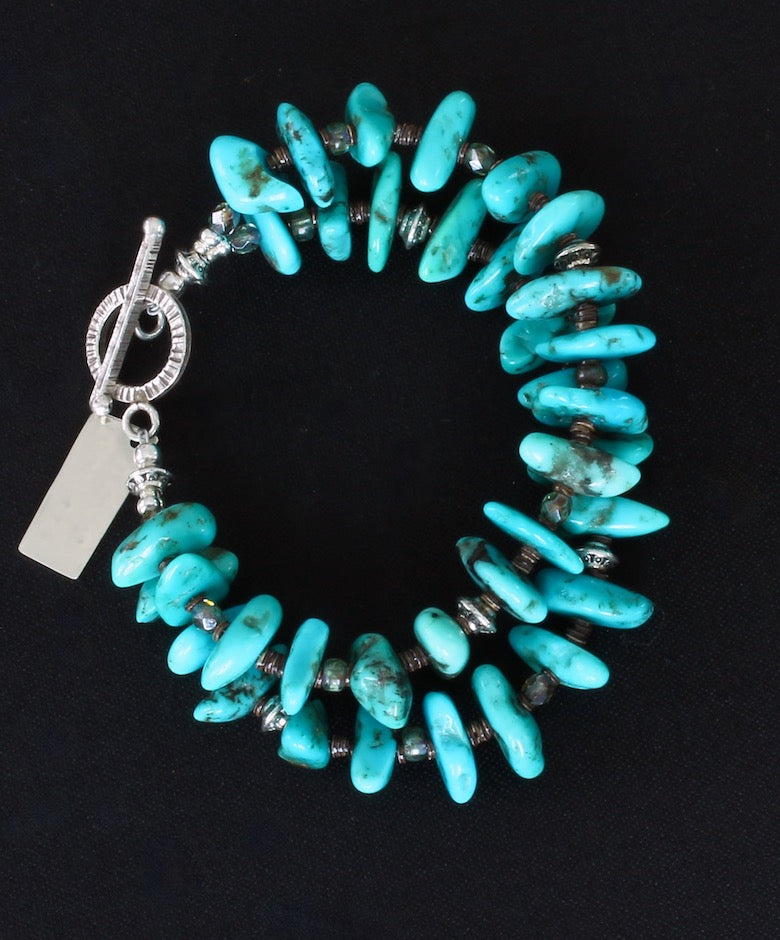 Turquoise Long Nugget 2-Strand Bracelet with Olive Shell Heishi, Czech Glass and Sterling Silver