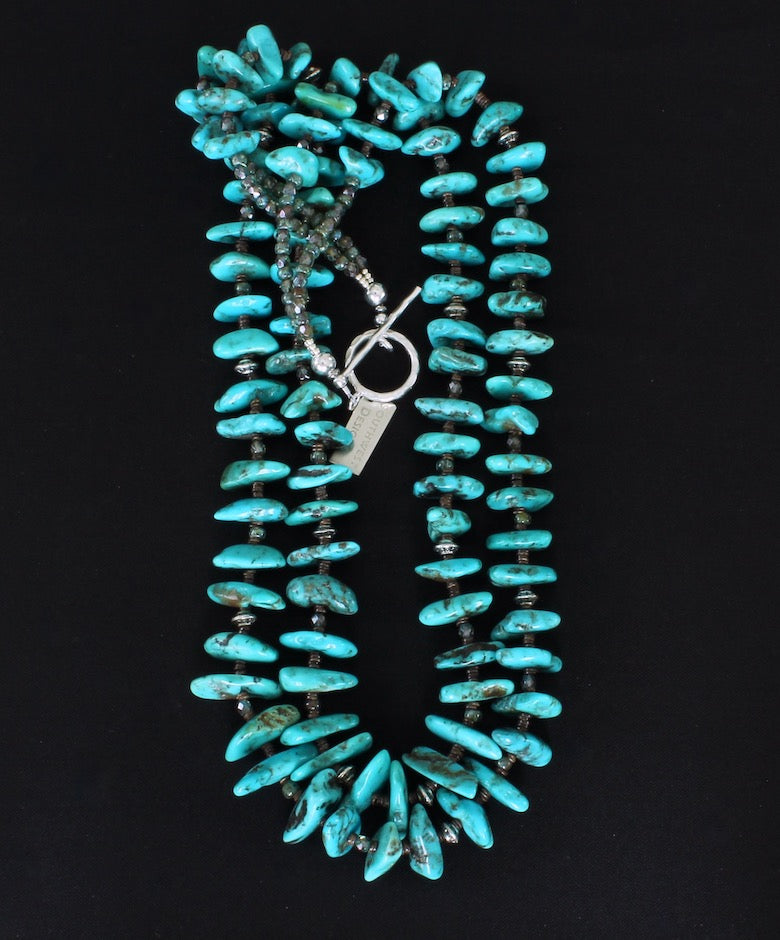 Turquoise Long Nugget 2-Strand Necklace with Shell Heishi and Sterling Silver