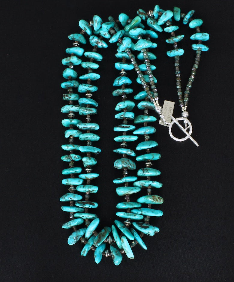 Turquoise Long Nugget 2-Strand Necklace with Shell Heishi and Sterling Silver