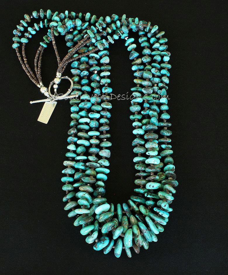 Nevada Turquoise Graduated Nugget 4-Strand Necklace with Olive Shell Heishi and Sterling Silver