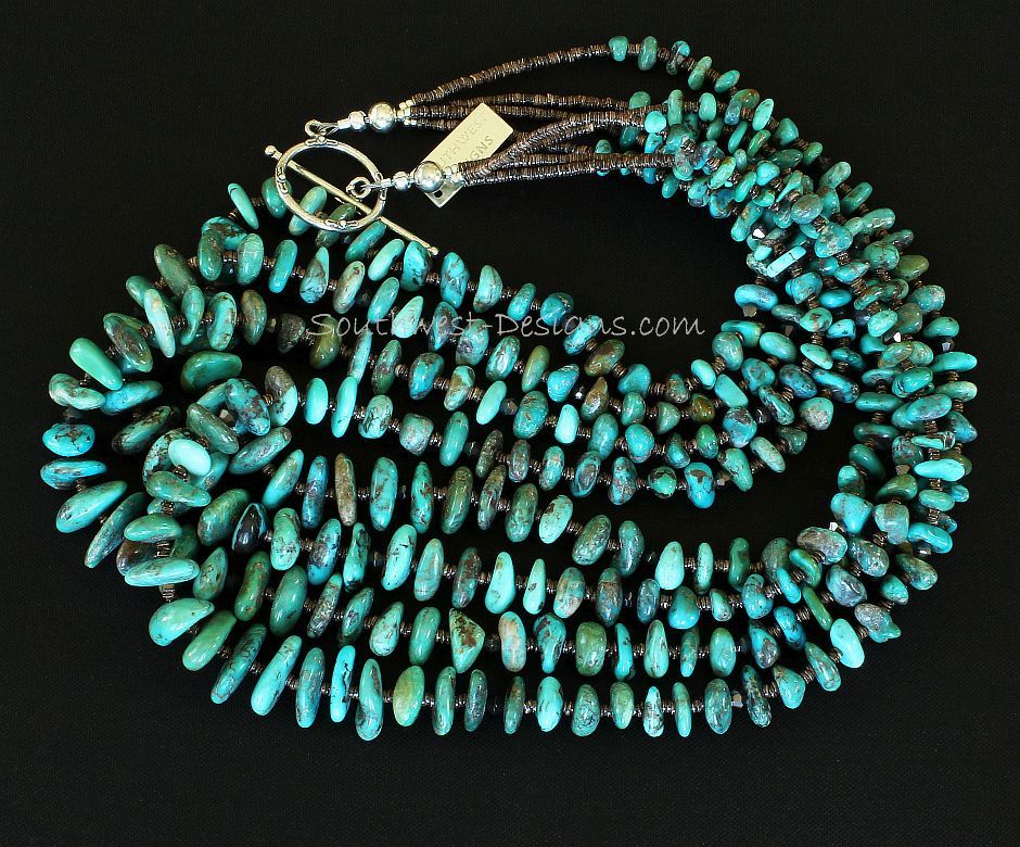 Nevada Turquoise Graduated Nugget 4-Strand Necklace with Olive Shell Heishi and Sterling Silver