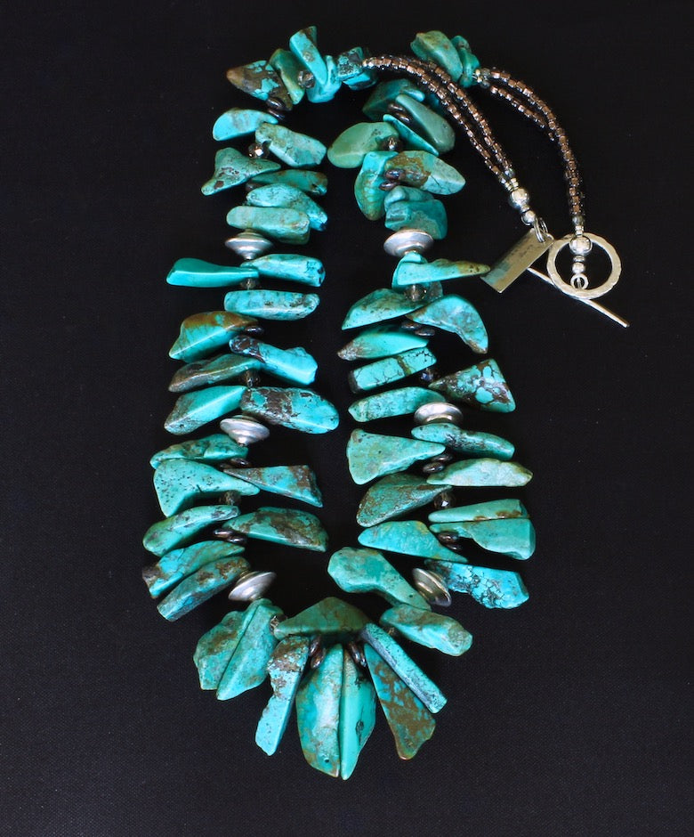 Turquoise Graduated Spike Necklace with Czech Glass and Sterling Silver