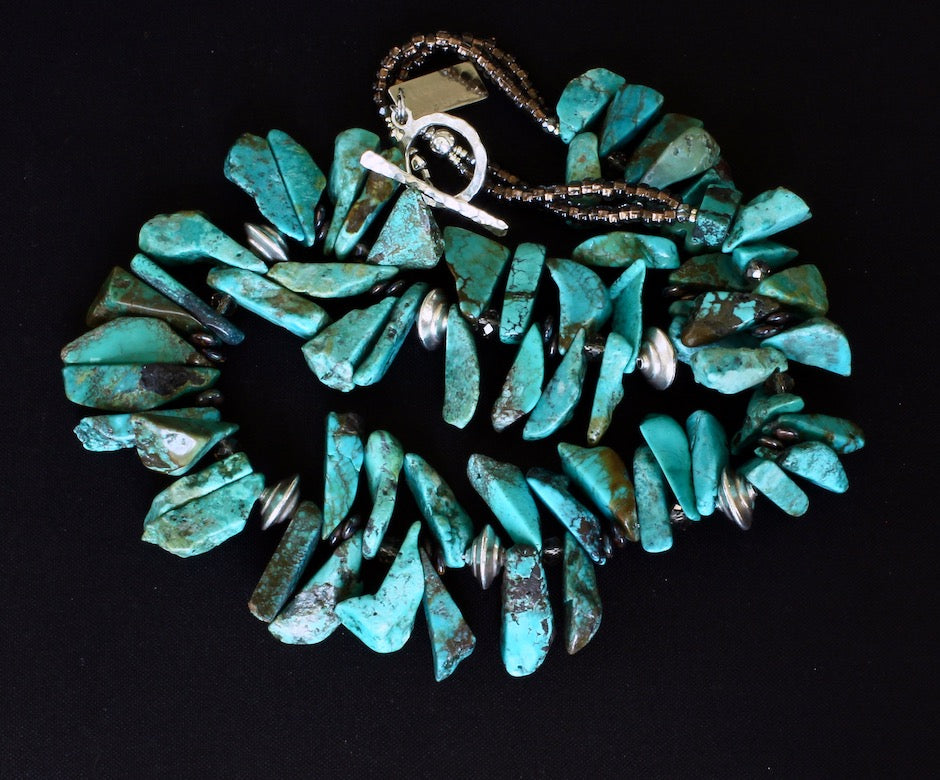 Turquoise Graduated Spike Necklace with Czech Glass and Sterling Silver