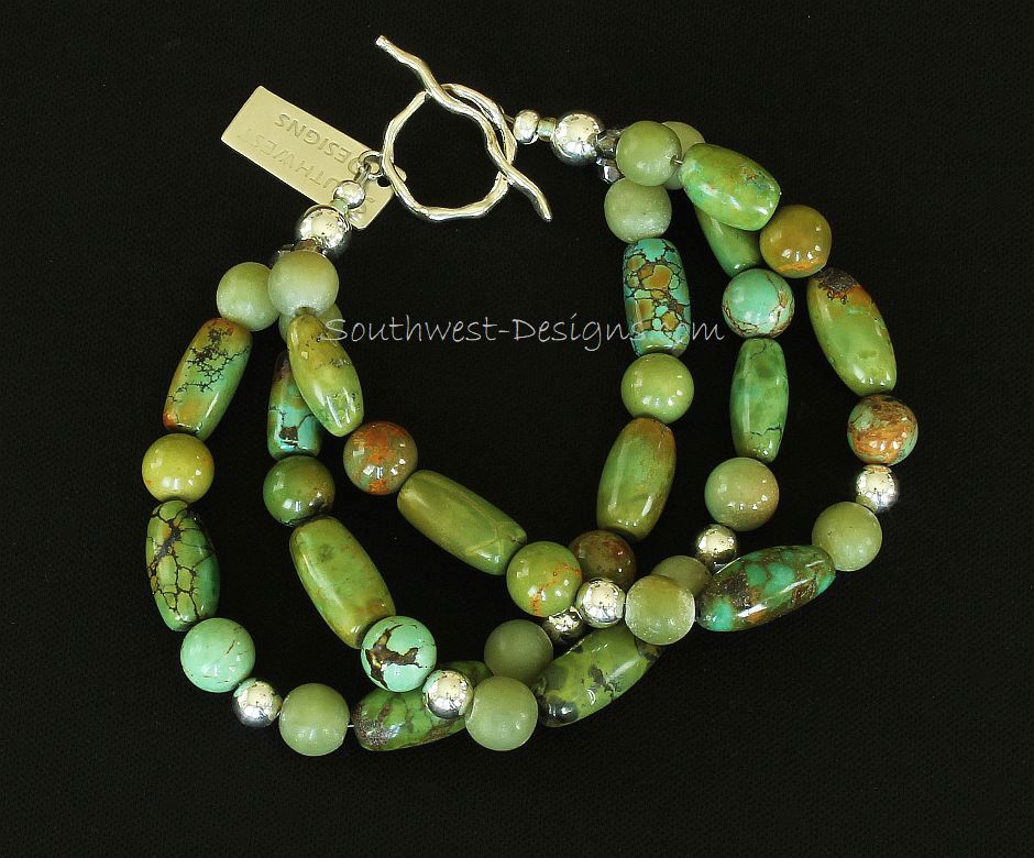 Turquoise & Jade 3-Strand Bracelet with Sterling Silver
