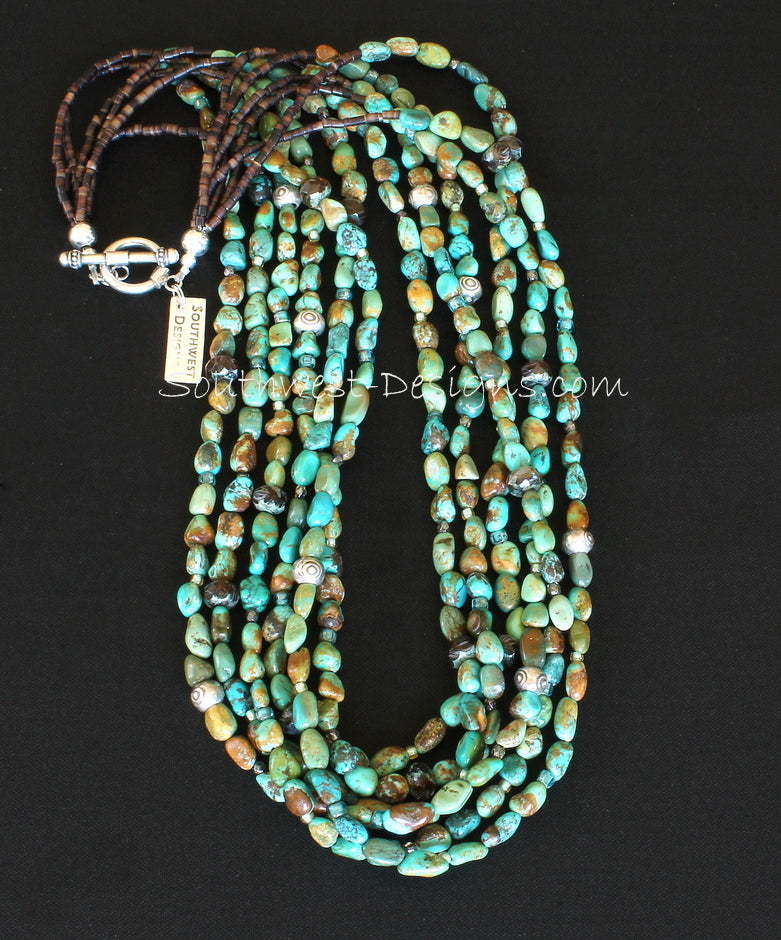 Turquoise Nugget 6-Strand Necklace with Czech Glass, Fire Polished Glass, Pen Shell Heishi and Sterling Silver