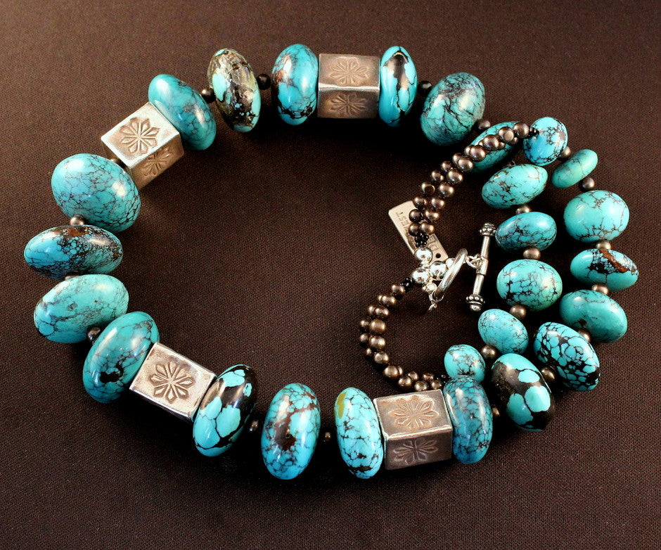 5x8mm Blue Turquoise & 14mm Green Malachite Gemstone Beads Necklace 18" AAA