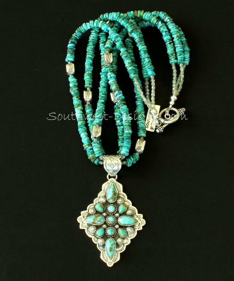 11-Stone Turquoise & Sterling Silver Diamond-Shaped Pendant with 3 Strands of Turquoise Heishi and Sterling