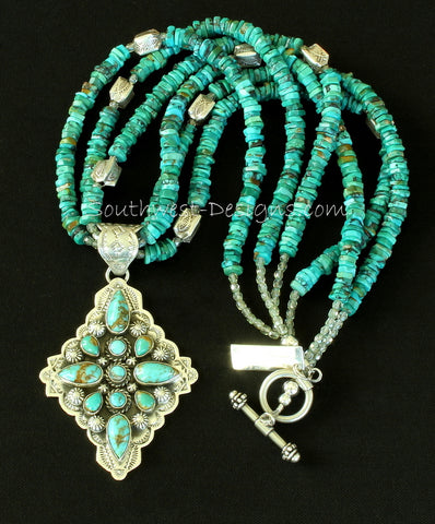11-Stone Turquoise & Sterling Silver Diamond-Shaped Pendant with 3 Strands of Turquoise Heishi and Sterling
