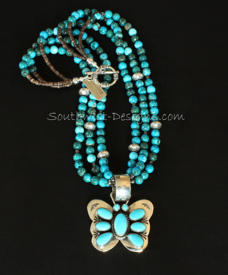 Turquoise & Sterling Silver Butterfly Pendant with 3 Strands of Turquoise Rounds, Fire Polished Glass, Olive Shell Heishi & Sterling Silver
