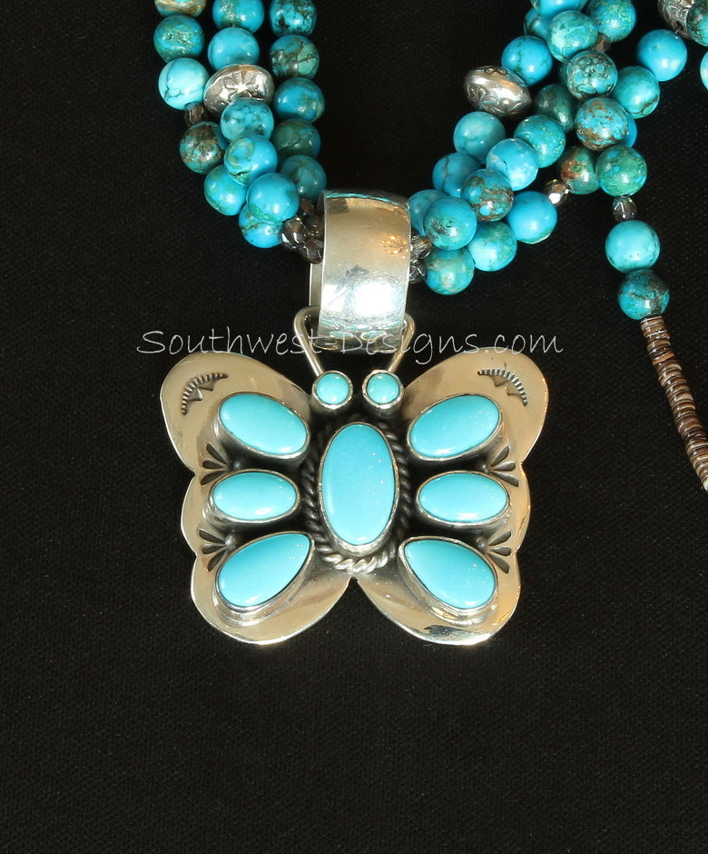 Turquoise & Sterling Silver Butterfly Pendant with 3 Strands of Turquoise Rounds, Fire Polished Glass, Olive Shell Heishi & Sterling Silver