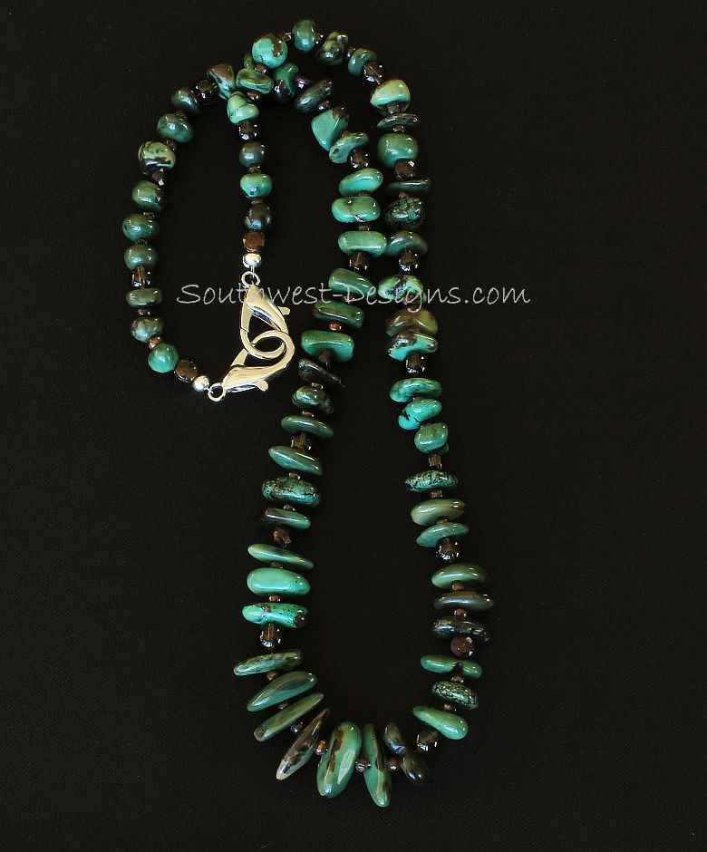 Green Turquoise Nugget Mask Lanyard with Bronze Nailheads, Smoky Quartz and Silver Metal Lobster Clasps