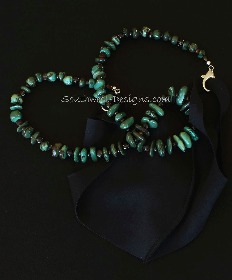 Green Turquoise Nugget Mask Lanyard with Bronze Nailheads, Smoky Quartz and Silver Metal Lobster Clasps