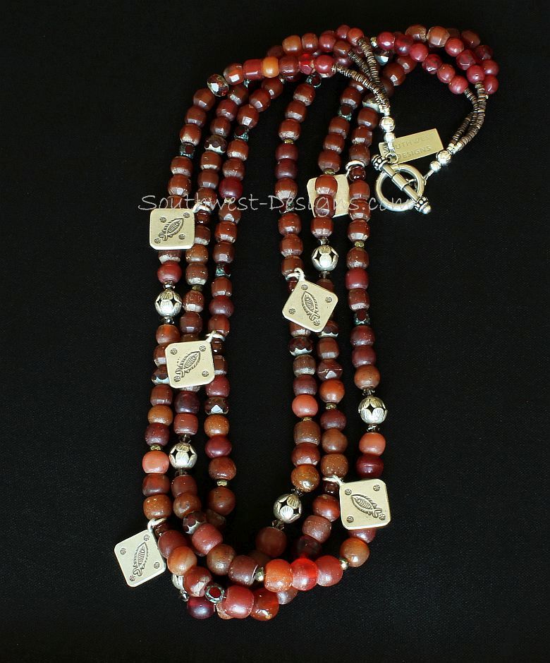 Vintage Burgundy Glass 3-Strand Necklace with Czech & Fire Polished Glass and Sterling Silver