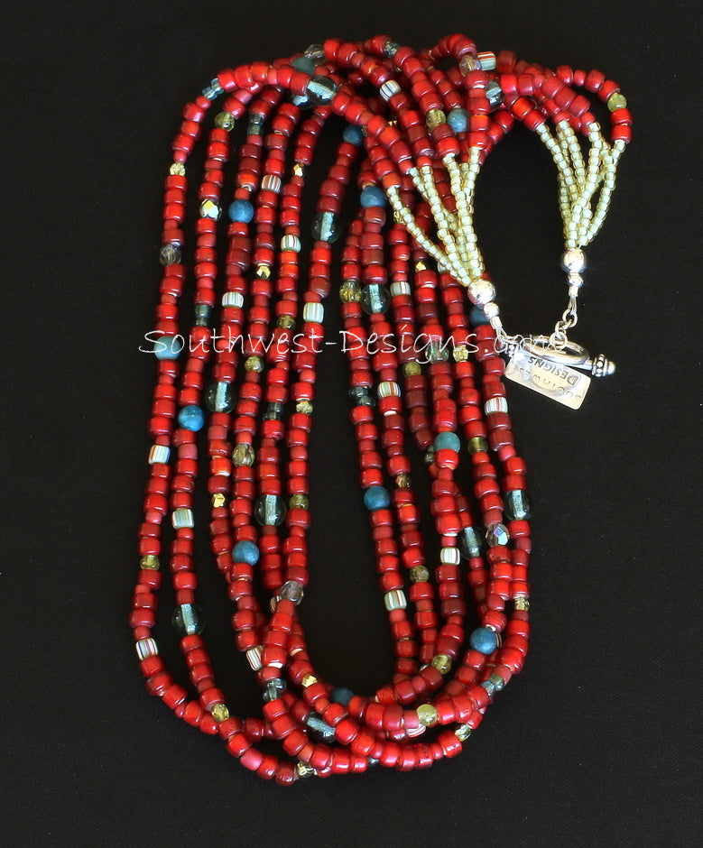 Antique Red White Heart Bead 6-Strand Necklace with Apatite and Peridot Rounds, Indonesian Glass, Fire Polished Glass and Sterling Silver