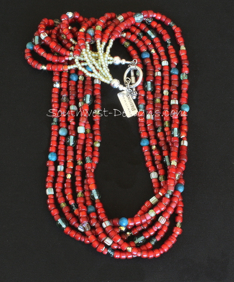 Antique Red White Heart Bead 6-Strand Necklace with Apatite and Peridot Rounds, Indonesian Glass, Fire Polished Glass and Sterling Silver